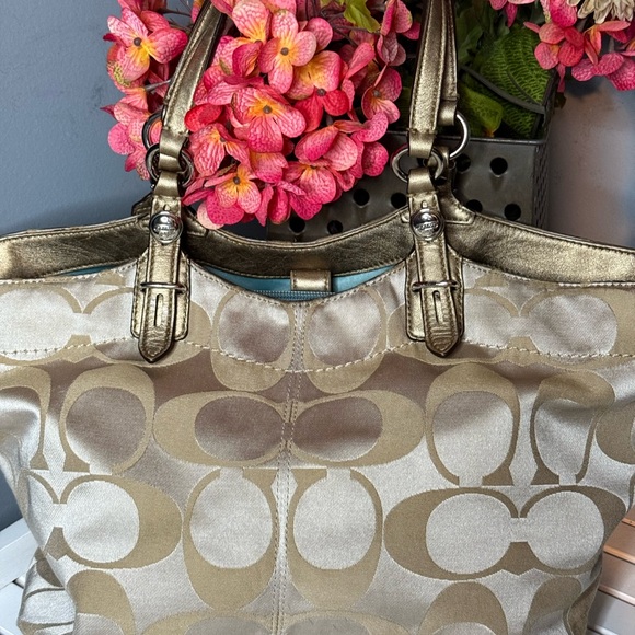 Coach Kahaki Tan Jacquard Signature Satchel Purse F16175 EUC - Picture 1 of 12